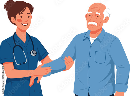 Smiling nurse assists elderly man during health checkup, senior healthcare support concept, medical professional helping older patient with care.