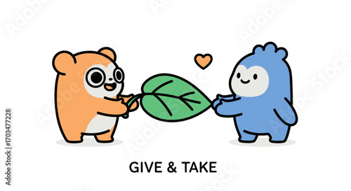 Charming cartoon characters exchanging a leaf with heart symbol for creative projects