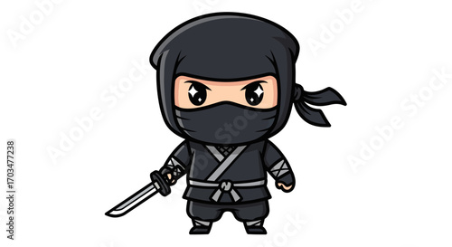 Chibi ninja character with katana poised for action in a cute vector design style