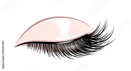 Eyelash extension illustration with closed eye with clean design and eyelashes detail beauty