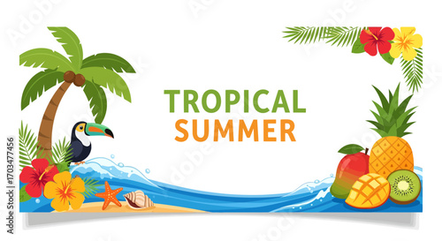 Exotic vacation background with vibrant colors and summer elements creating a relaxed and cheerful