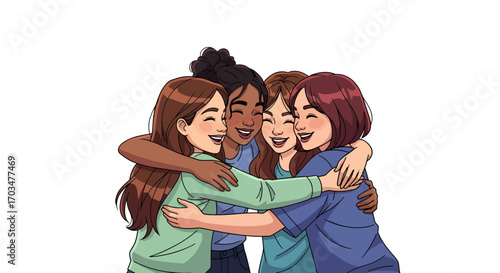 Group of joyful young women embraced in a heartwarming, friendship bonding moment illustration