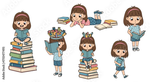 Illustration of cheerful young girl indulging in the pleasure of reading books in various positions