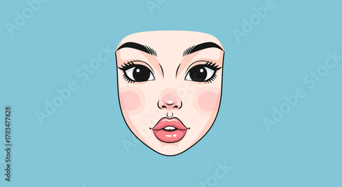 Minimalist portrait illustration of a stylized woman's face with striking makeup and a blue backdrop