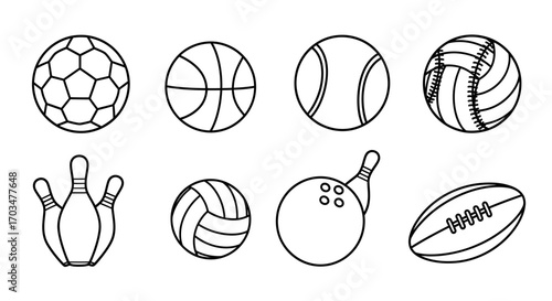Outlined sporting equipment collection offers versatile visual representations for various sports