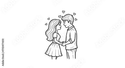 Romantic illustration of a couple holding hands in a heart-filled atmosphere of affection