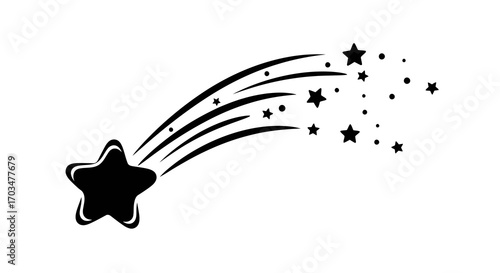 Stylized celestial shooting star with trailing lines and diminishing cosmic specks