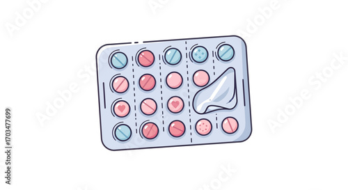 Stylized illustration of a blister pack of pills with varied decorative patterns on a white backdrop