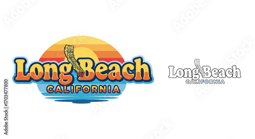 Vintage Long Beach California Design Emblem with Sunset Colors and State Outline