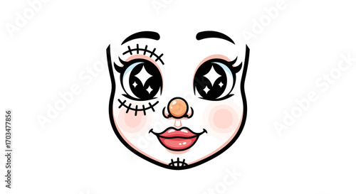Whimsical cartoon visage with sparkling eyes and stitched details emanating unique charm