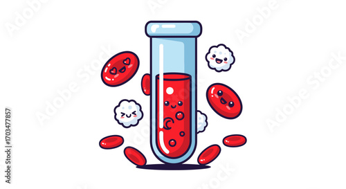 Whimsical blood cells and plasma in test tube illustration for medical concept