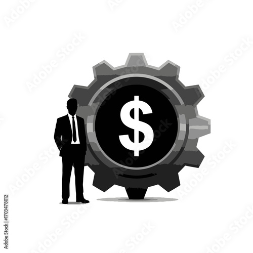 Businessman standing next to a large gear with a dollar sign