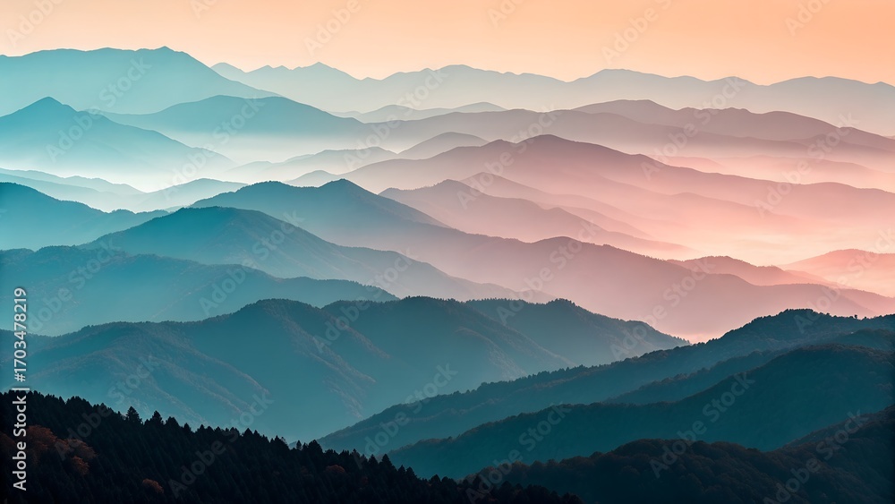 Fototapeta premium Gradient Mountain Ranges at Dusk – Nature, Serenity, Landscape, Atmospheric, Travel, Abstract