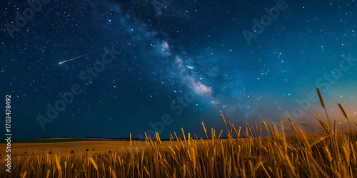 Golden wheat field under a vast starry night sky with a shooting star streaking across the Milky Way.