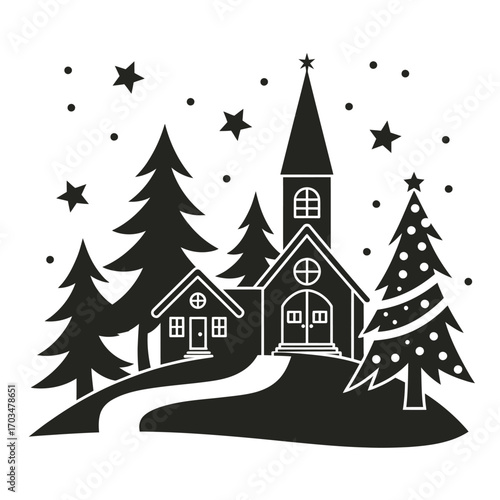 Winter home House Vector Silhouette – Christmas Scene with Snow, Trees, and Snowdrifts, Minimalist Holiday Illustration on White Background for Posters, Greeting Cards, Print, Web, and Digital Design