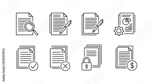 Collection of document icons featuring magnifying glass pen lock and money silhouette