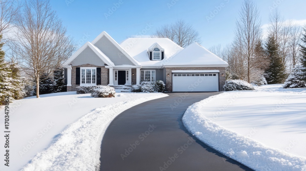 Obraz premium Snow-Covered Home in Winter with Clear Sky and Icy Driveway