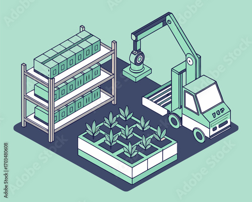 Vertical farming plant factory concept with vegetables grown using robots and AI isometric isolated illustration.