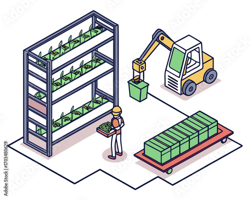 Vertical vegetable farming in plant factory with automated AI and robotic system isometric isolated illustration.