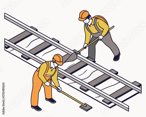 Workers and engineers conducting railway maintenance and cutting work on tracks isometric isolated vector.