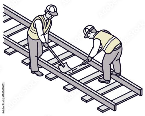 Maintenance service on railway tracks with engineers and workers performing cutting tasks isometric isolated vector.
