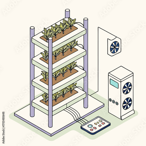 Closed environment plant factory system diagram for growing vegetables and herbs in smart farming.