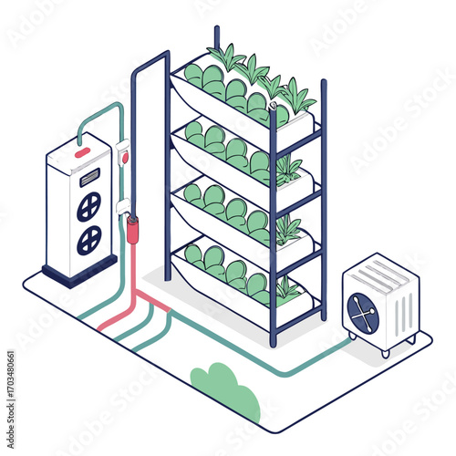 Plant factory setup for smart farming with vegetable and herb plants in controlled environment diagram.