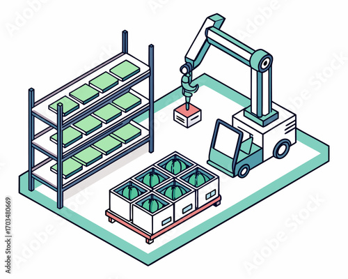 Vertical farming plant factory with vertical vegetable farming concept using robots and AI isometric isolated illustration.