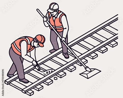 Railway maintenance working service with engineers and workers using tools for cutting isometric isolated vector.