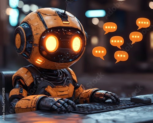 Chatbot Assistant: A friendly, orange Chatbot attentively types at a keyboard, surrounded by digital speech bubbles, symbolizing seamless communication and innovative assistance.