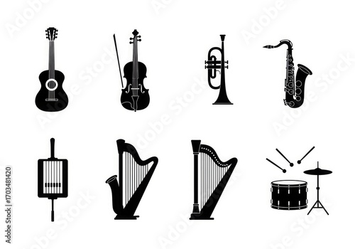 A set of black silhouettes featuring various musical instruments, including a guitar, violin, trumpet, saxophone, harp, and drums.