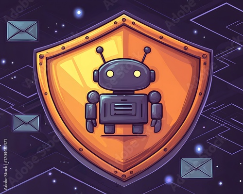 Digital Guardian: A shield emblem featuring a friendly robot sentinel, guarding digital correspondence and information with vigilant protection.