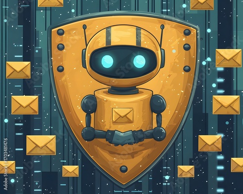 Secure Mail Robot: A digital robot, the guardian of emails, is showcased, symbolizing protection against cyber threats, safeguarding valuable information within a high-tech setting. 