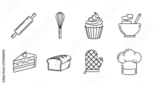 Collection of baking utensils and treats silhouette