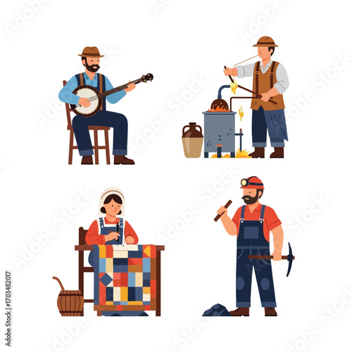 Four illustrations depict Appalachian craftspeople: a banjo player, a moonshiner, a quilter, and a coal miner.