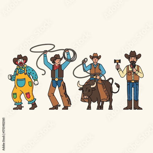 A whimsical illustration depicting a rodeo clown, two cowboys roping and riding a bull, and a fourth cowboy holding a mallet.