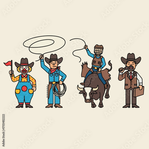 Cartoon cowboys and a rodeo clown, each performing different activities, with various props.