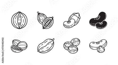 Collection of hand drawn cocoa beans and nuts in a silhouette style