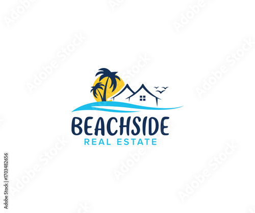 Beachside logo featuring palm tree sun and houses symbolizing coastal living and relaxation