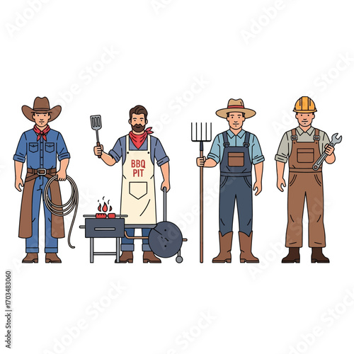 Four diverse workers in various professions, depicted in a cartoon style, each holding tools and wearing appropriate attire.