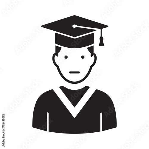 graduate student icon wearing cap and gown, academic education symbol in black silhouette, isolated vector
