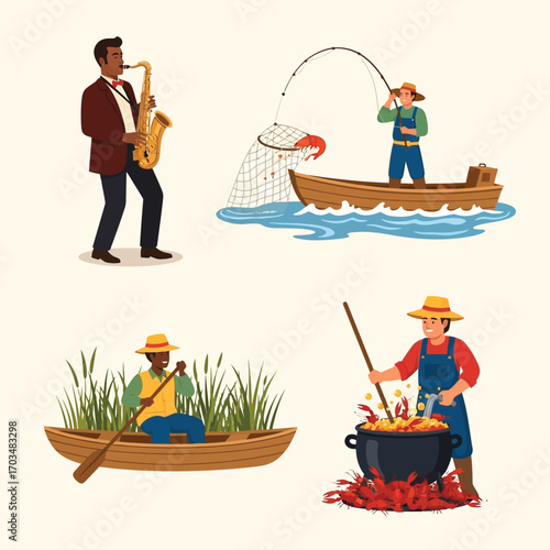 Diverse people engaged in various activities, including playing saxophone, fishing, boating, and cooking crawfish.