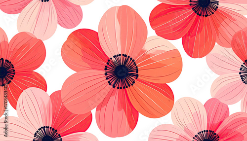 Vibrant coral and blush flowers in a repeating pattern
