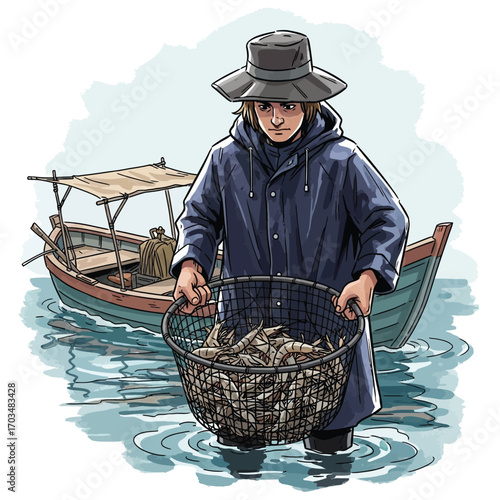 A fisherperson, wading in shallow water, carries a brimming basket of freshly caught shrimp towards a small boat.
