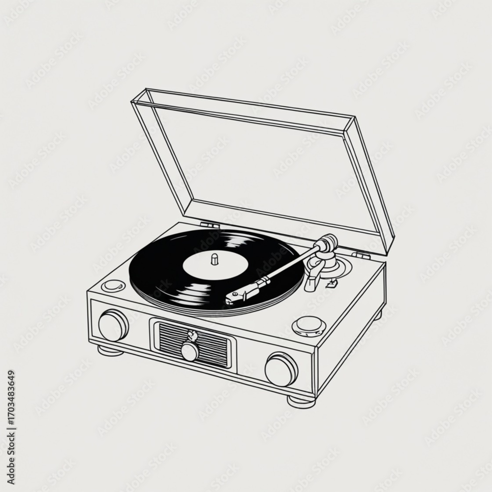 Fototapeta premium Line Art Retro Vinyl Turntable Illustration