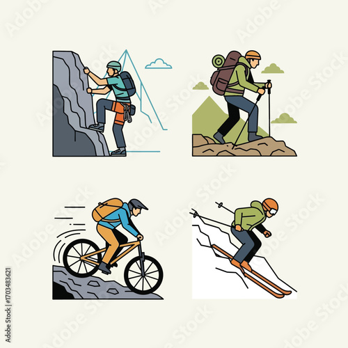Four illustrations depict adventurous outdoor activities: rock climbing, hiking, mountain biking, and downhill skiing.