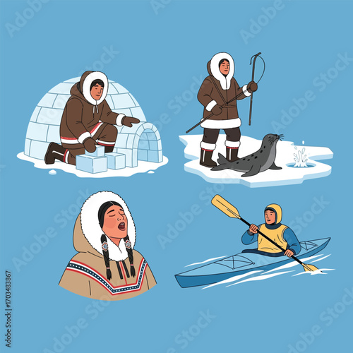 Inuit life depicted through building an igloo, hunting a seal, throat singing, and kayaking.