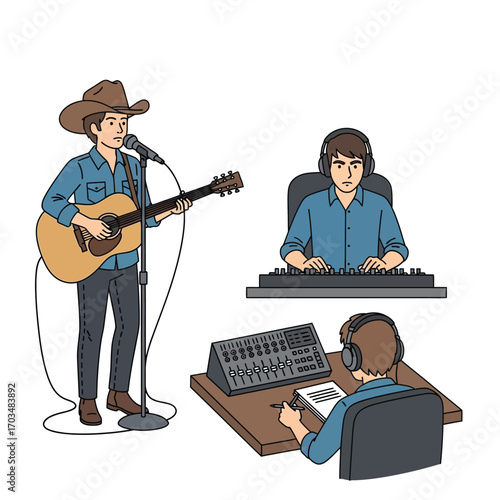 Country singer recording a song in a studio, with sound engineers mixing and mastering the audio.