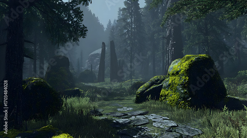 Pixelated Forest Path In Misty Woods