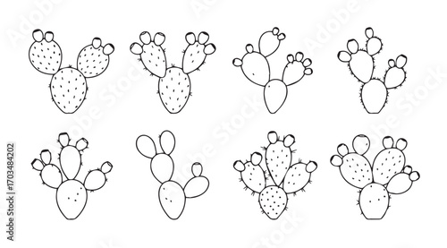 Collection of eight stylized prickly pear cactus illustrations in silhouette